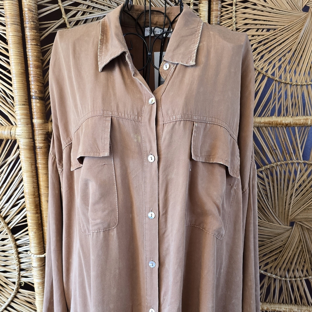 🧵 SEWN + SEEN Tan Neutral Mineral Wash Button Down Shirt